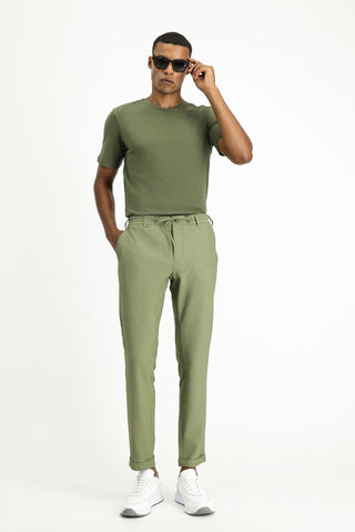  Açık Haki Super Slim Fit Ekstra Dar Kesim Beli Lastikli İpli Gofre Likralı Klasik Kumaş Pantolon