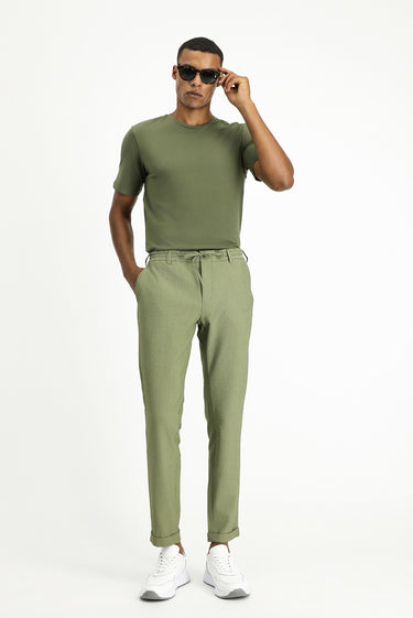 Açık Haki Super Slim Fit Ekstra Dar Kesim Beli Lastikli İpli Gofre Likralı Klasik Kumaş Pantolon
