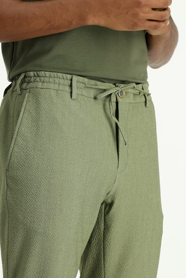 Açık Haki Super Slim Fit Ekstra Dar Kesim Beli Lastikli İpli Gofre Likralı Klasik Kumaş Pantolon