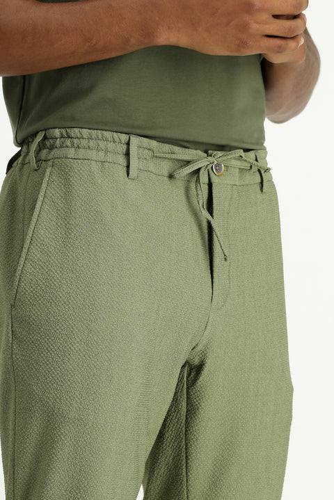 Açık Haki 7 Drop Super Slim Fit Eksra Dar Kesim Beli Lastikli İpli Gofre Likralı Klasik Kumaş Pantolon