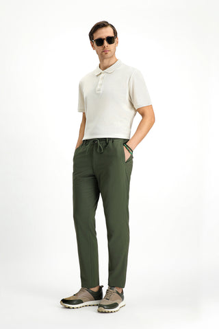  Koyu Yeşil Super Slim Fit Ekstra Dar Kesim Beli Lastikli İpli Gofre Likralı Klasik Kumaş Pantolon