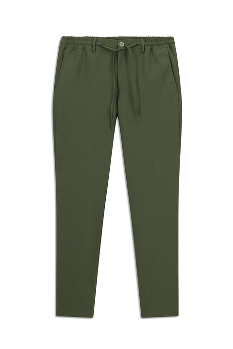 Koyu Yeşil 7 Drop Super Slim Fit Eksra Dar Kesim Beli Lastikli İpli Gofre Likralı Klasik Kumaş Pantolon
