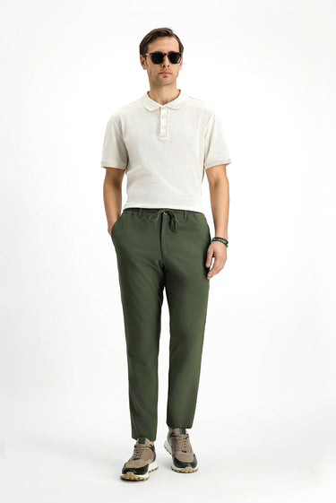  Koyu Yeşil Super Slim Fit Ekstra Dar Kesim Beli Lastikli İpli Gofre Likralı Klasik Kumaş Pantolon