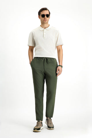  Koyu Yeşil 7 Drop Super Slim Fit Eksra Dar Kesim Beli Lastikli İpli Gofre Likralı Klasik Kumaş Pantolon