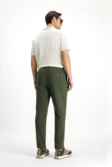 Koyu Yeşil Super Slim Fit Ekstra Dar Kesim Beli Lastikli İpli Gofre Likralı Klasik Kumaş Pantolon