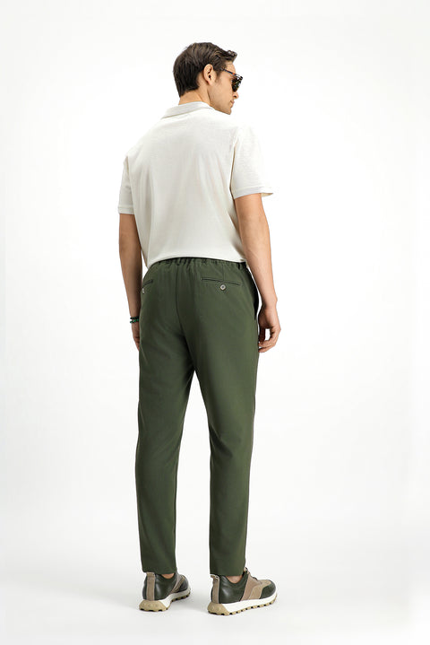 Koyu Yeşil 7 Drop Super Slim Fit Eksra Dar Kesim Beli Lastikli İpli Gofre Likralı Klasik Kumaş Pantolon