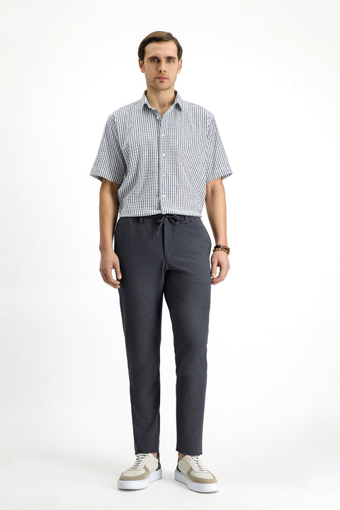 Koyu Antrasit 7 Drop Super Slim Fit Eksra Dar Kesim Beli Lastikli İpli Gofre Likralı Klasik Kumaş Pantolon