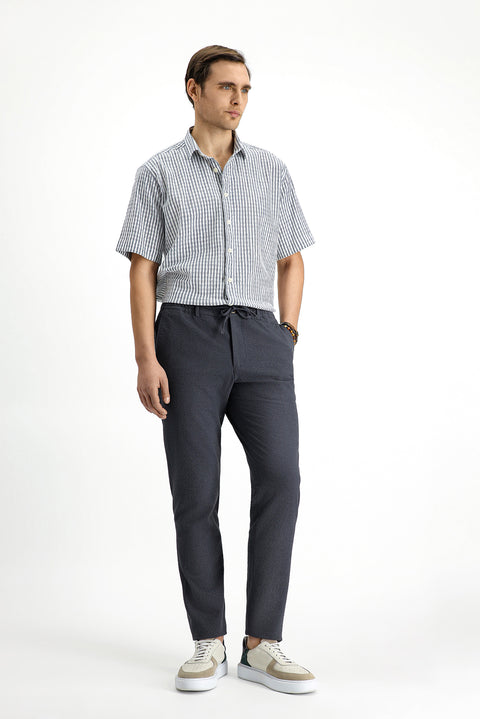 Koyu Antrasit 7 Drop Super Slim Fit Eksra Dar Kesim Beli Lastikli İpli Gofre Likralı Klasik Kumaş Pantolon