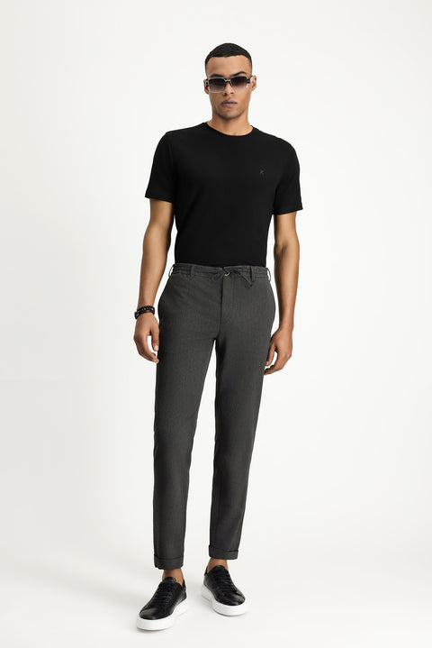 Orta Antrasit 7 Drop Super Slim Fit Eksra Dar Kesim Beli Lastikli İpli Gofre Likralı Klasik Kumaş Pantolon