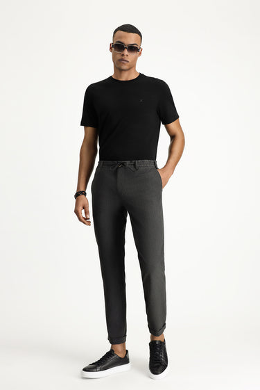  Orta Antrasit Super Slim Fit Ekstra Dar Kesim Beli Lastikli İpli Gofre Likralı Klasik Kumaş Pantolon