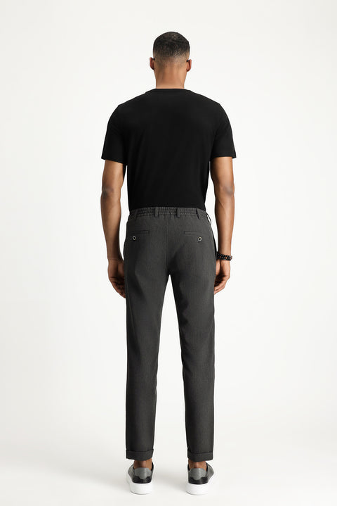 Orta Antrasit 7 Drop Super Slim Fit Eksra Dar Kesim Beli Lastikli İpli Gofre Likralı Klasik Kumaş Pantolon