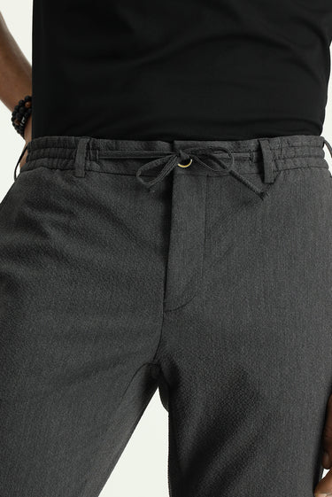 Orta Antrasit Super Slim Fit Ekstra Dar Kesim Beli Lastikli İpli Gofre Likralı Klasik Kumaş Pantolon