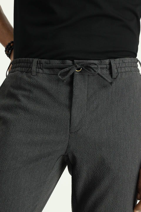 Orta Antrasit 7 Drop Super Slim Fit Eksra Dar Kesim Beli Lastikli İpli Gofre Likralı Klasik Kumaş Pantolon