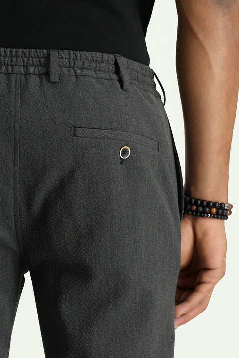 Orta Antrasit 7 Drop Super Slim Fit Eksra Dar Kesim Beli Lastikli İpli Gofre Likralı Klasik Kumaş Pantolon