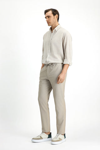 Açık Vizon 7 Drop Super Slim Fit Eksra Dar Kesim Beli Lastikli İpli Gofre Likralı Klasik Kumaş Pantolon
