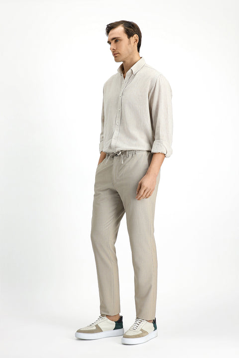 Açık Vizon 7 Drop Super Slim Fit Eksra Dar Kesim Beli Lastikli İpli Gofre Likralı Klasik Kumaş Pantolon