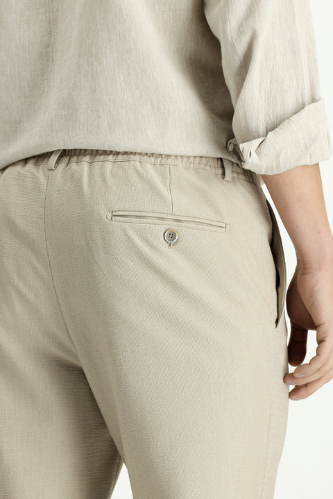 Açık Vizon 7 Drop Super Slim Fit Eksra Dar Kesim Beli Lastikli İpli Gofre Likralı Klasik Kumaş Pantolon