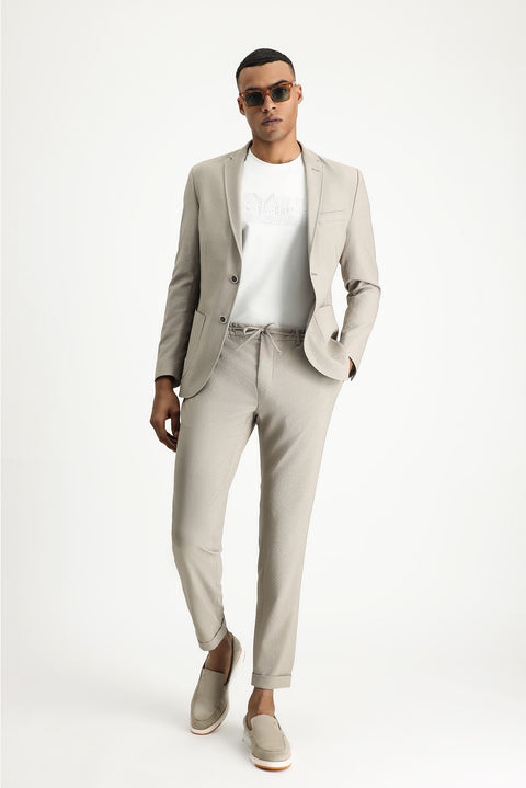 Orta Vizon 7 Drop Super Slim Fit Eksra Dar Kesim Beli Lastikli İpli Gofre Likralı Klasik Kumaş Pantolon