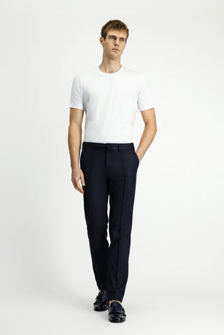  Koyu Lacivert Slim Fit Dar Kesim Nervürlü Beli İpli Klasik Kumaş Pantolon