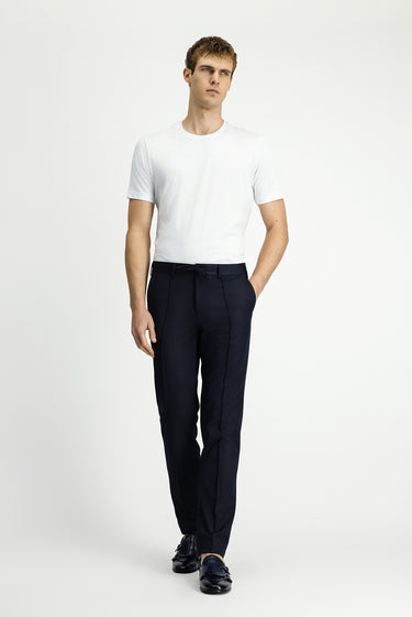  Koyu Lacivert Slim Fit Dar Kesim Nervürlü Beli İpli Klasik Kumaş Pantolon