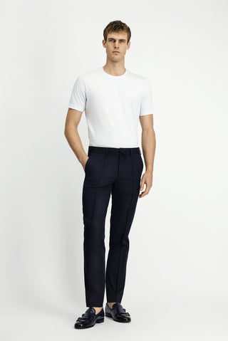  Koyu Lacivert Slim Fit Dar Kesim Nervürlü Beli İpli Klasik Kumaş Pantolon