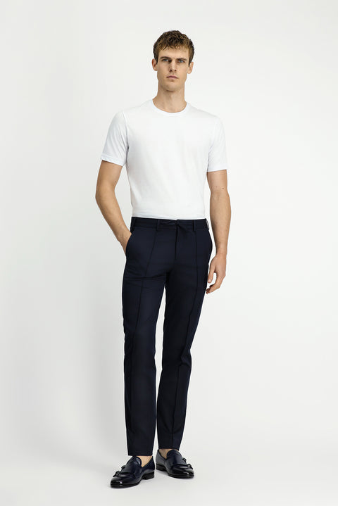 Koyu Lacivert 7 Drop Slim Fit Dar Kesim Nervürlü Beli İpli Klasik Kumaş Pantolon