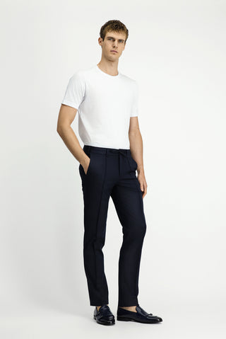  Koyu Lacivert Slim Fit Dar Kesim Nervürlü Beli İpli Klasik Kumaş Pantolon