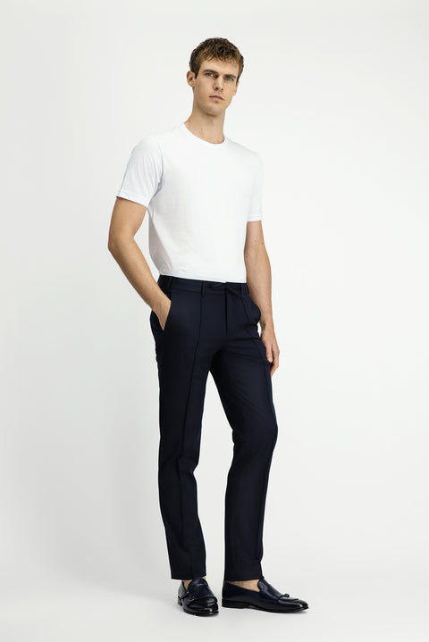 Koyu Lacivert 7 Drop Slim Fit Dar Kesim Nervürlü Beli İpli Klasik Kumaş Pantolon