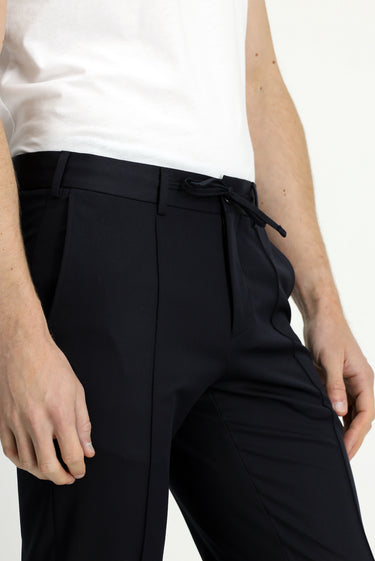 Koyu Lacivert Slim Fit Dar Kesim Nervürlü Beli İpli Klasik Kumaş Pantolon