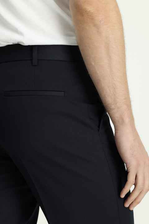 Koyu Lacivert 7 Drop Slim Fit Dar Kesim Nervürlü Beli İpli Klasik Kumaş Pantolon