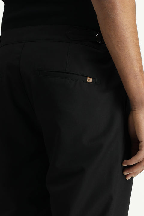 Black 6 Drop Regular Fit Standard Cut Buckle Pleated Classic Fabric Trousers