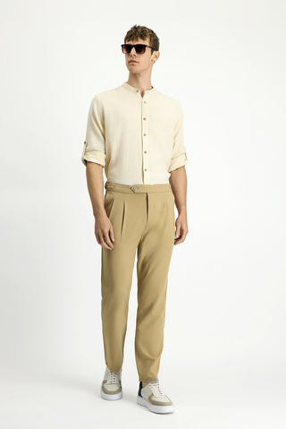  Açık Bej Regular Fit Tokalı Pileli Klasik Kumaş Pantolon
