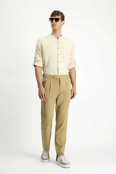 Açık Bej 6 Drop Regular Fit Standart Kesim Tokalı Pileli Klasik Kumaş Pantolon