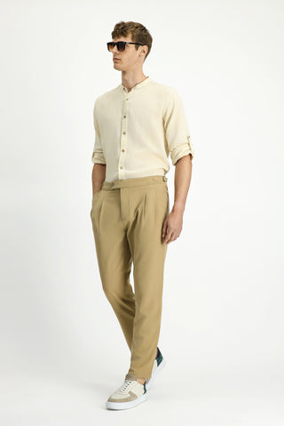 Açık Bej Regular Fit Tokalı Pileli Klasik Kumaş Pantolon