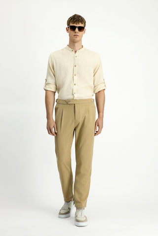  Açık Bej Regular Fit Tokalı Pileli Klasik Kumaş Pantolon