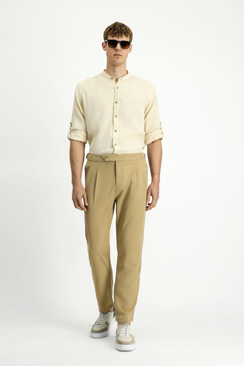 Açık Bej 6 Drop Regular Fit Standart Kesim Tokalı Pileli Klasik Kumaş Pantolon