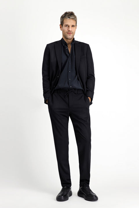 Black 4-Drop Relaxed Fit, Comfortable Cut, Elastic Waistband, Drawstring, Lycra Knit, Classic Fabric Trousers