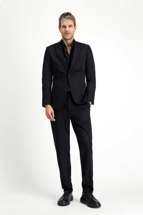 Black 4-Drop Relaxed Fit, Comfortable Cut, Elastic Waistband, Drawstring, Lycra Knit, Classic Fabric Trousers