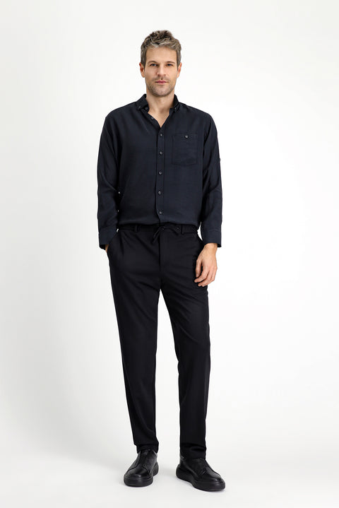 Black 6 Drop Regular Fit Standard Cut Elastic Waist Drawstring Lycra Knit Classic Fabric Trousers