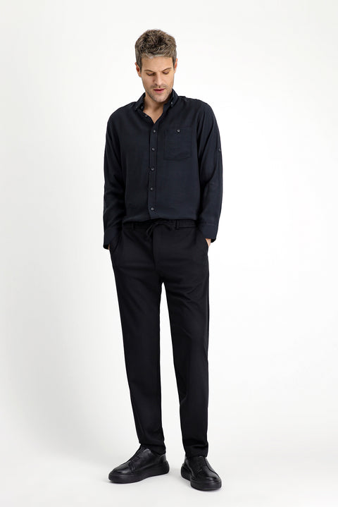 Black 6 Drop Regular Fit Standard Cut Elastic Waist Drawstring Lycra Knit Classic Fabric Trousers