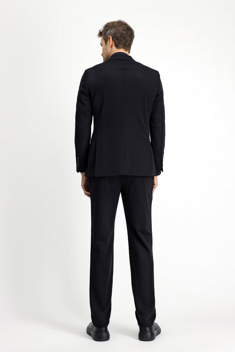 Black 6 Drop Regular Fit Standard Cut Elastic Waist Drawstring Lycra Knit Classic Fabric Trousers