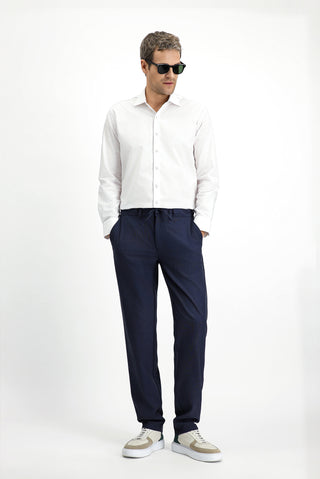  Koyu Lacivert Regular Fit Yünlü Beli Lastikli İpli Klasik Kumaş Pantolon