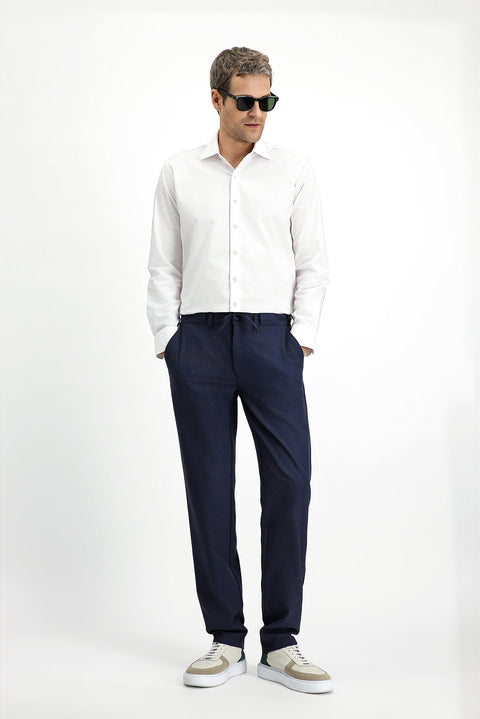 Koyu Lacivert 6 Drop Regular Fit Standart Kesim Yünlü Beli Lastikli İpli Klasik Kumaş Pantolon