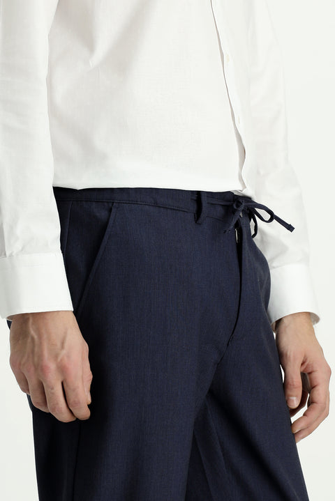 Koyu Lacivert 6 Drop Regular Fit Standart Kesim Yünlü Beli Lastikli İpli Klasik Kumaş Pantolon