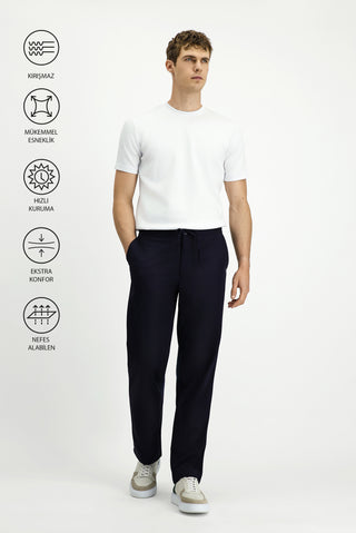  Koyu Lacivert Techno-Line Relaxed Fit Rahat Kesim Beli Lastikli İpli Likralı Klasik Kumaş Pantolon