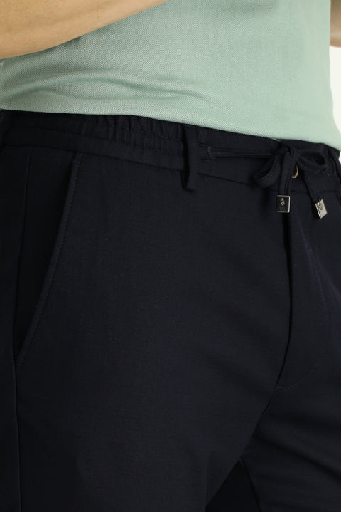 Koyu Lacivert Slim Fit Dar Kesim Beli Lastikli İpli Likralı Pantolon