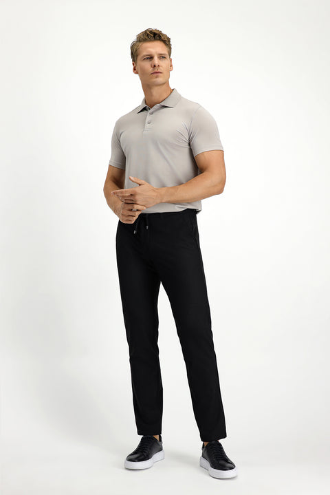 Siyah Regular Fit Standart Kesim Beli Lastikli İpli Likralı Pantolon