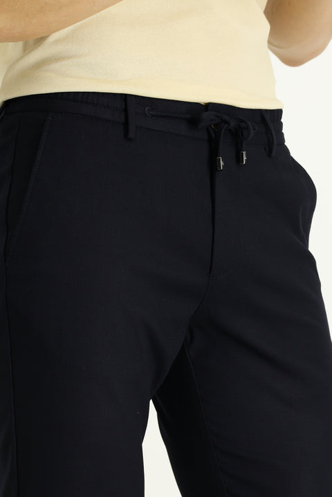 Koyu Lacivert Regular Fit Standart Kesim Beli Lastikli İpli Likralı Pantolon