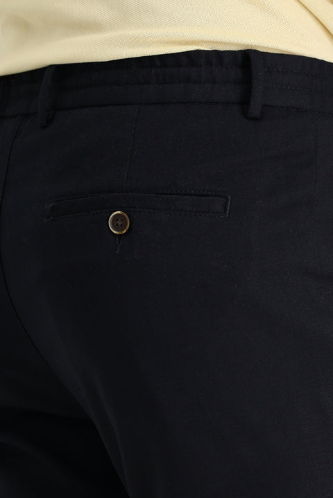 Koyu Lacivert Regular Fit Standart Kesim Beli Lastikli İpli Likralı Pantolon