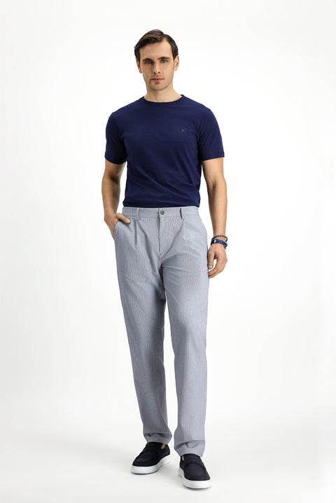 Orta Gri 6 Drop Regular Fit Standart Kesim Beli Lastikli İpli Çizgili Gofre Pileli Klasik Kumaş Pantolon